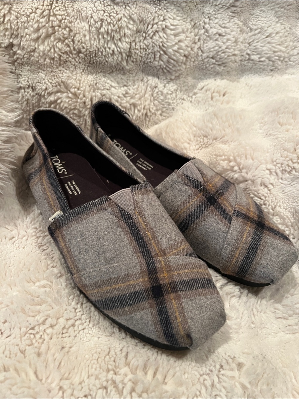 Toms Men’s Flannel Gray Plaid Slip-On Loafers with Tan Accent